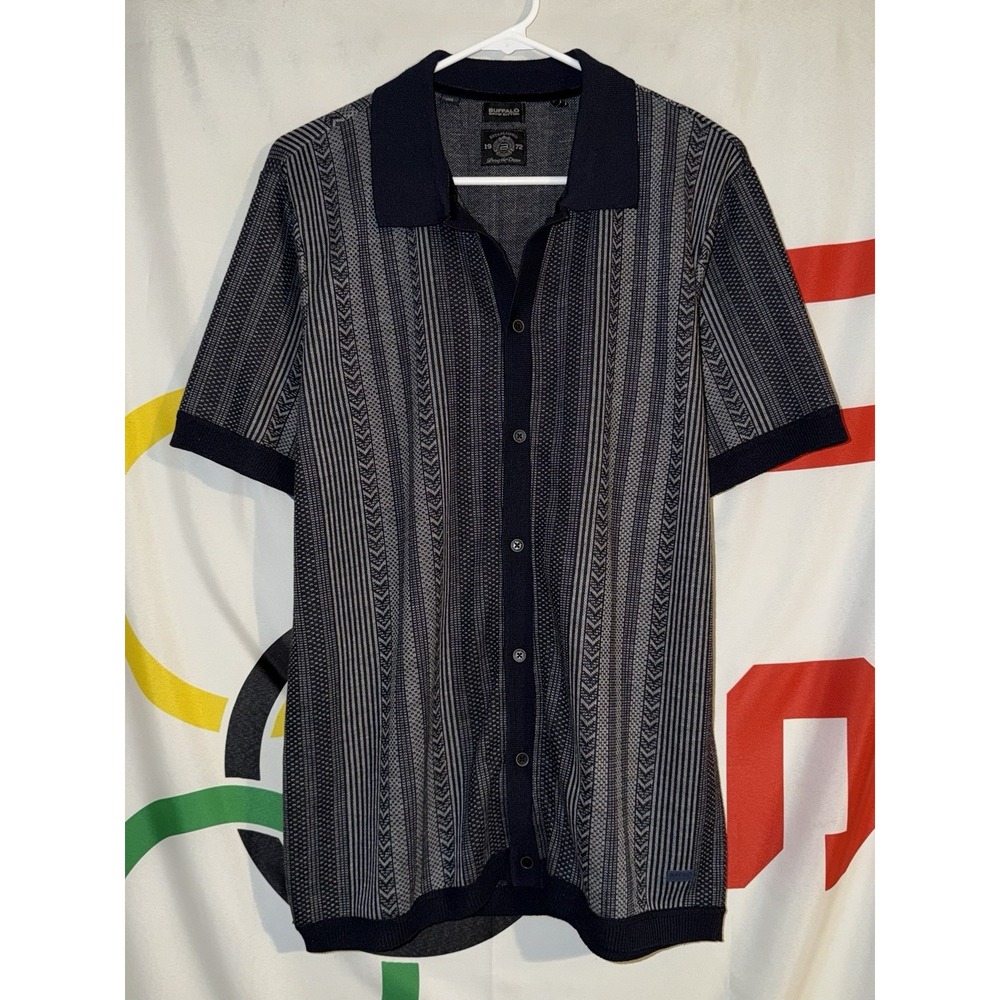 Buffalo David Bitton Button Up Shirt Geometric Short Sleeve Casual Navy Blue